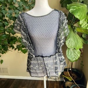 MEADOW RUE Blue Sheer Flutter Sleeve Top | small